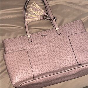 GUESS Light Pink Monogram Tote with Tassel Charm